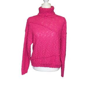 𝅺vintage Chaus Chunky‎ Open Knit Turtleneck Sweater Hot Pink Size L